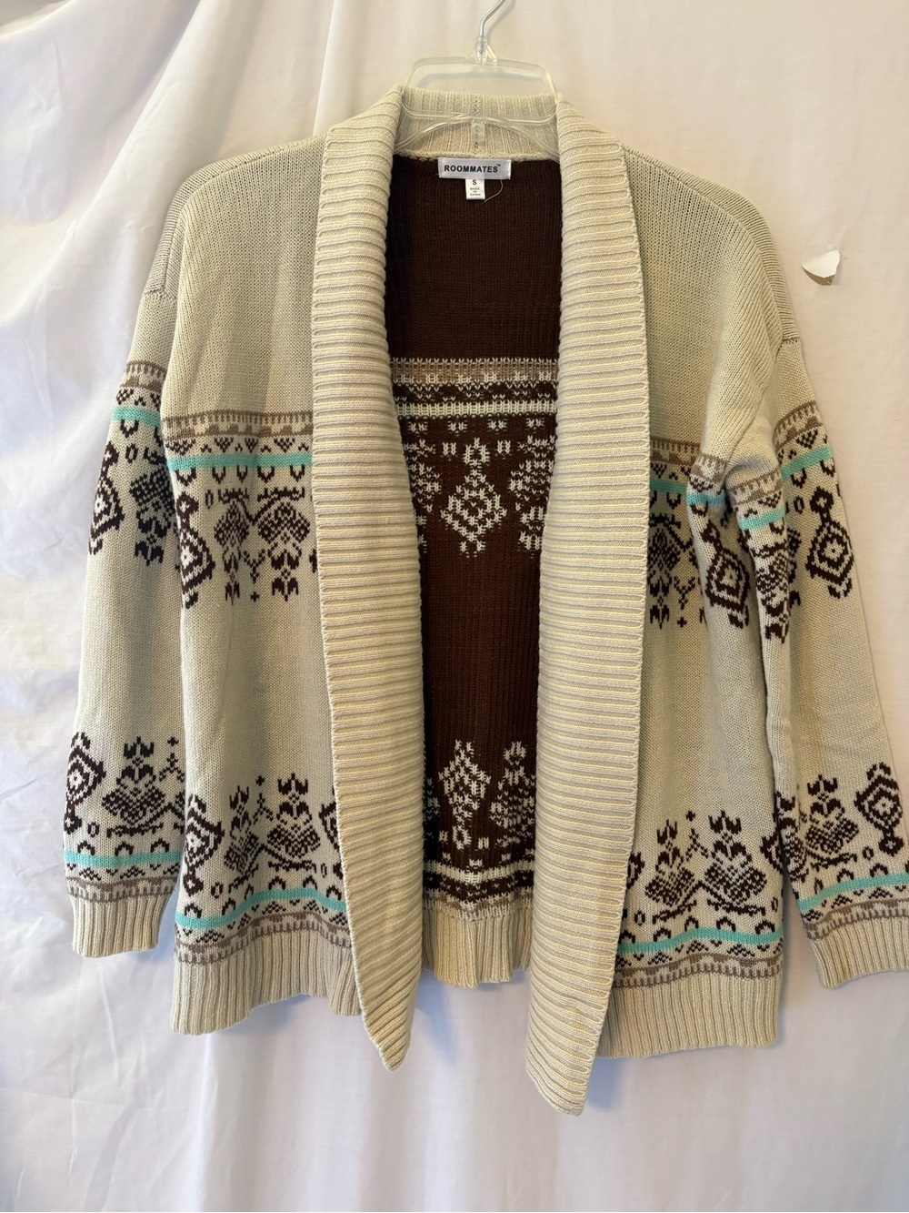 Roommates Cream, Brown & Aqua Fair Isle Shawl Cardigan